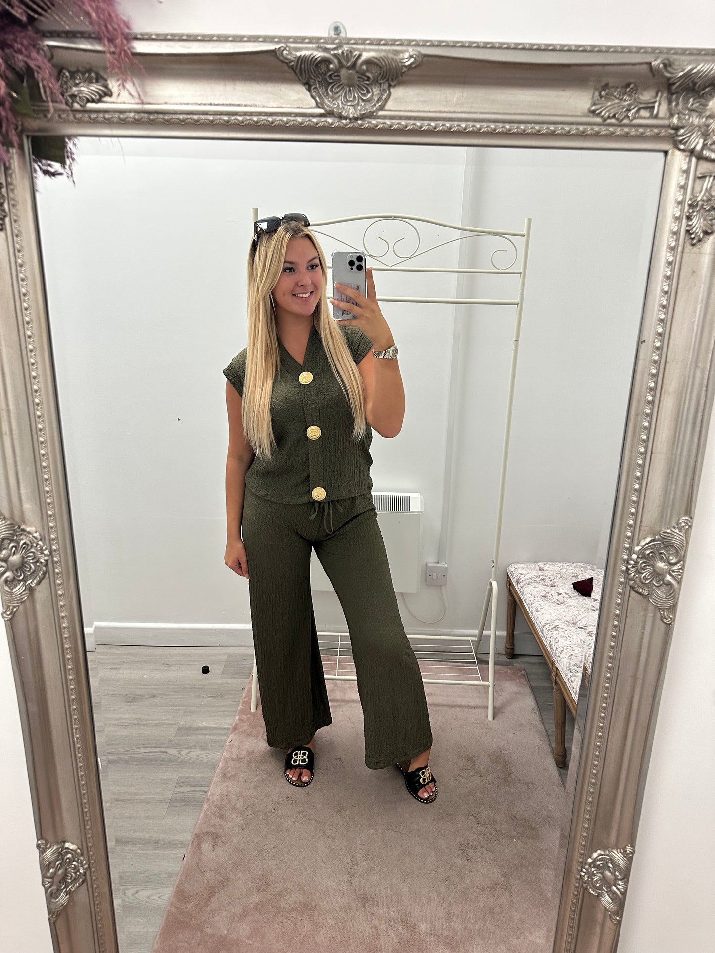 Short sleeve gold button sets
