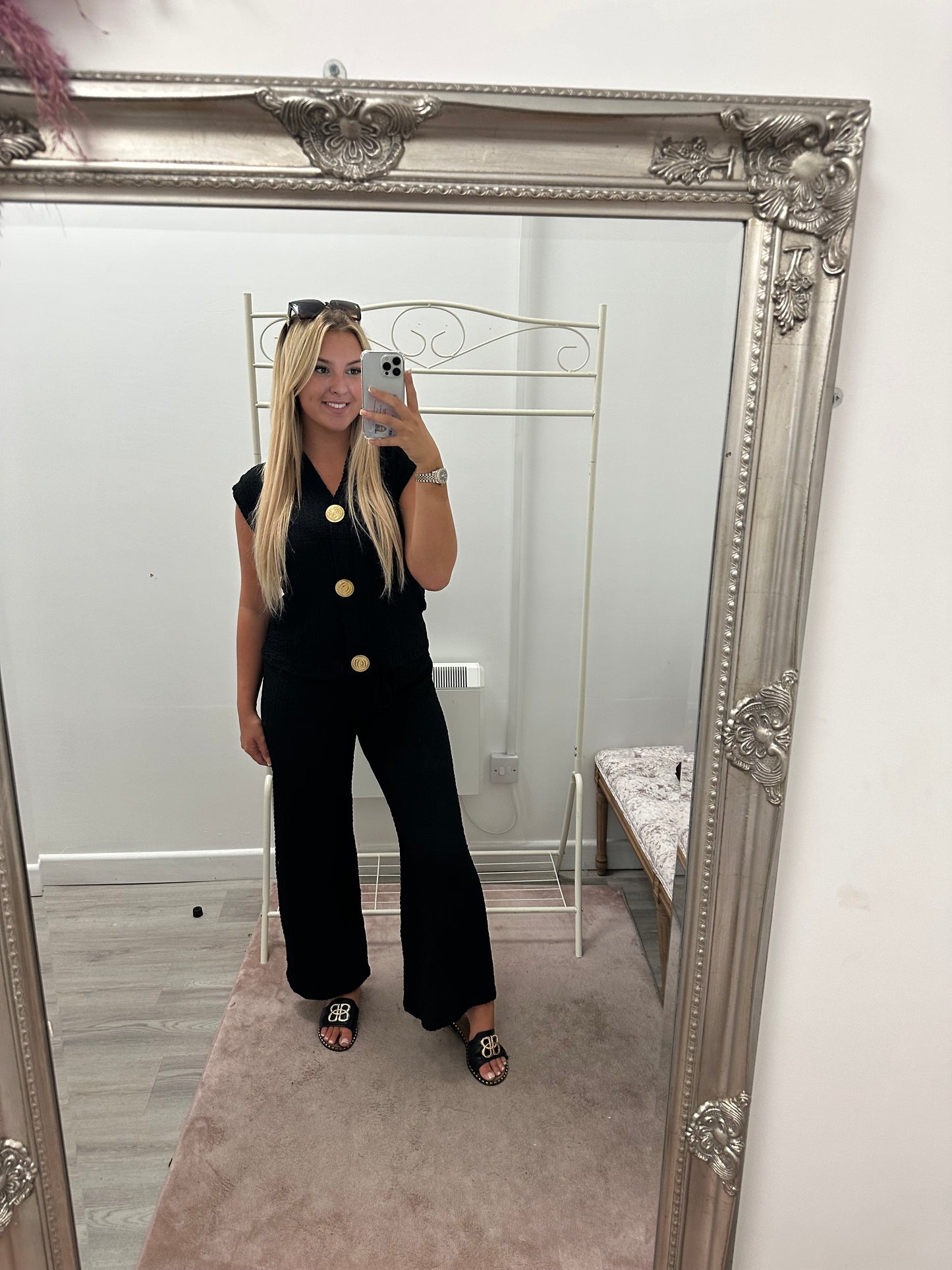 Short sleeve gold button sets