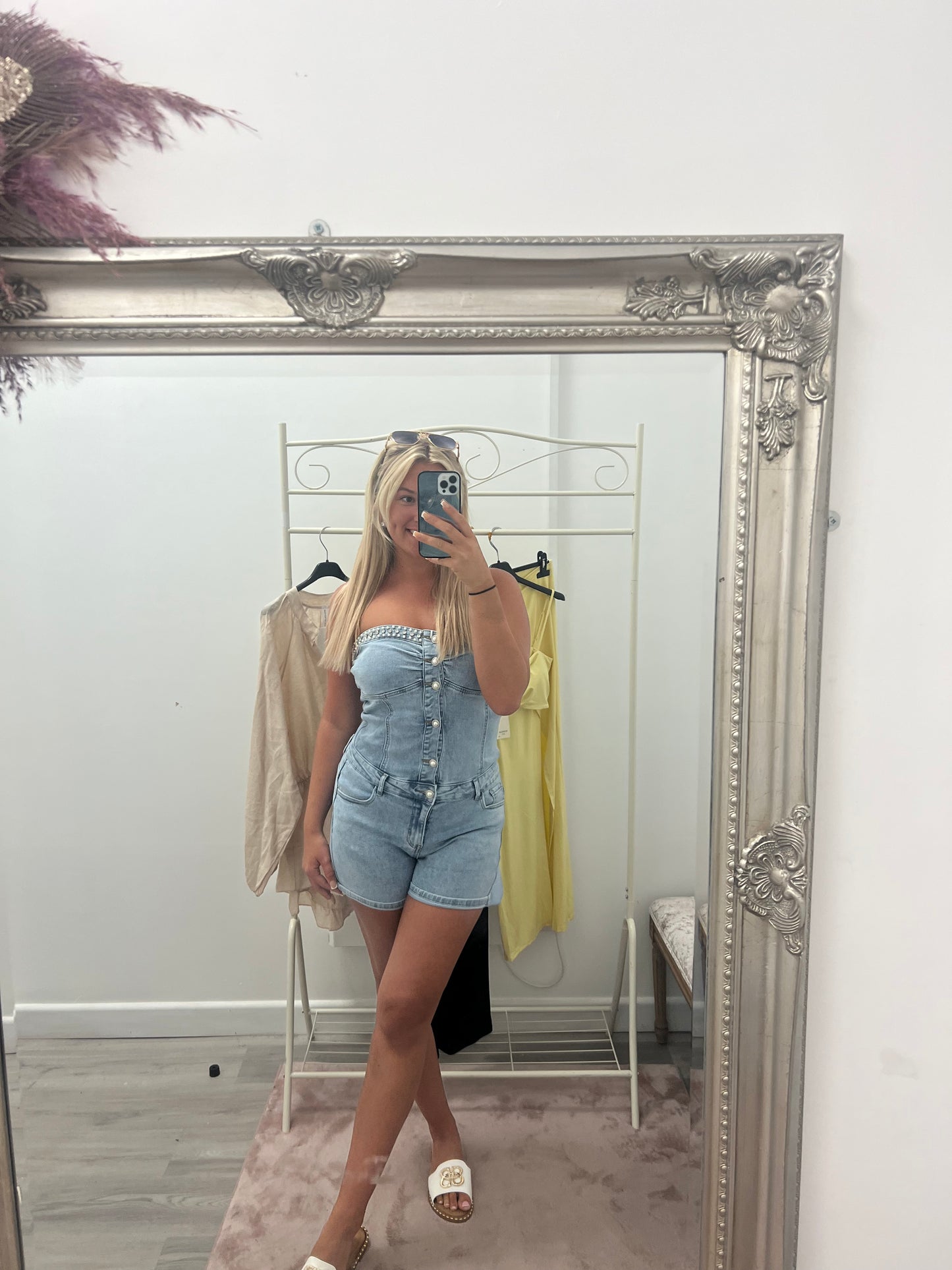 Pearl denim playsuits