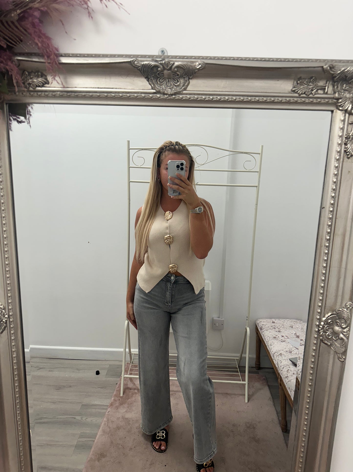 Knitted gold button tops