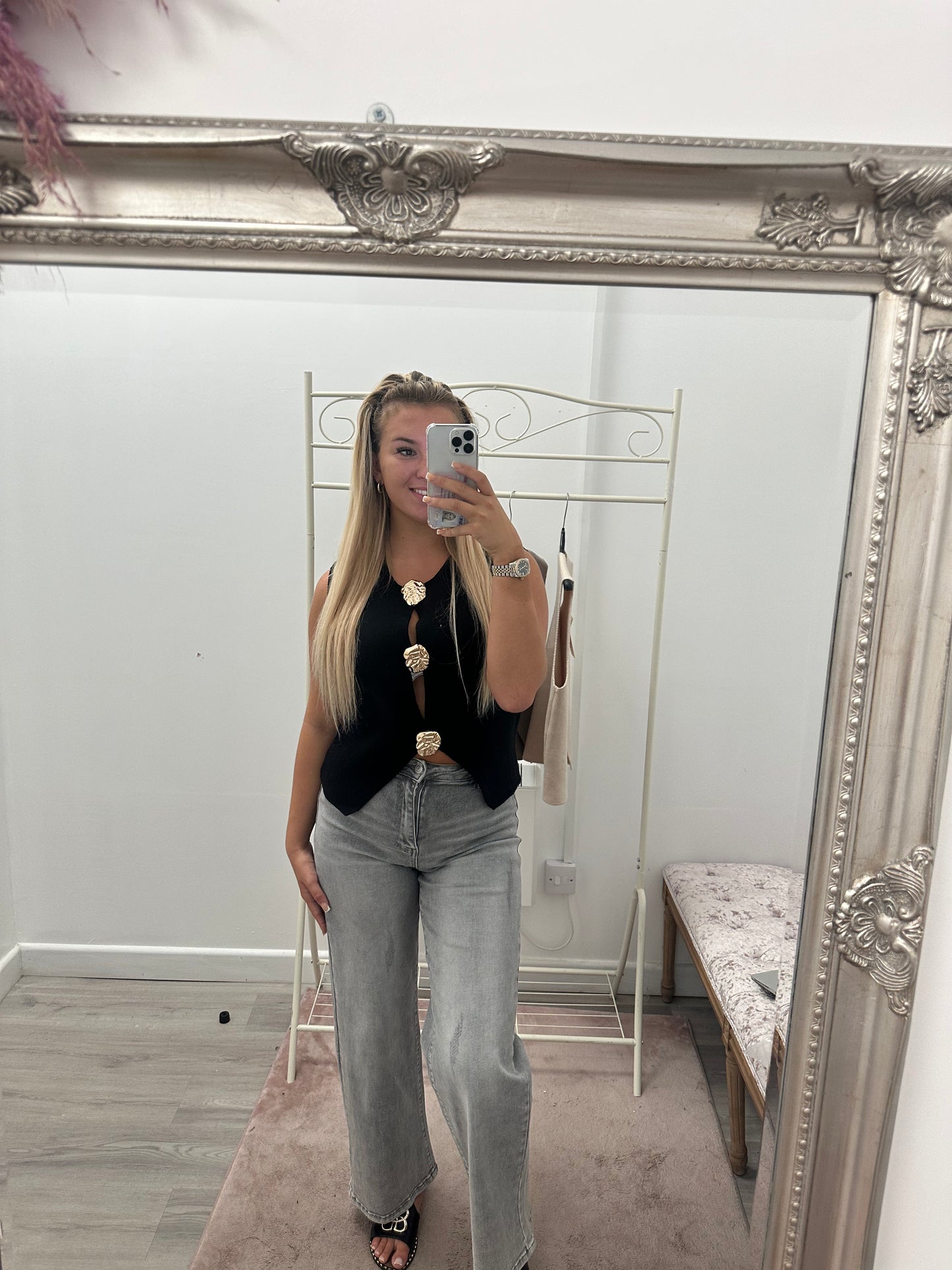 Knitted gold button tops