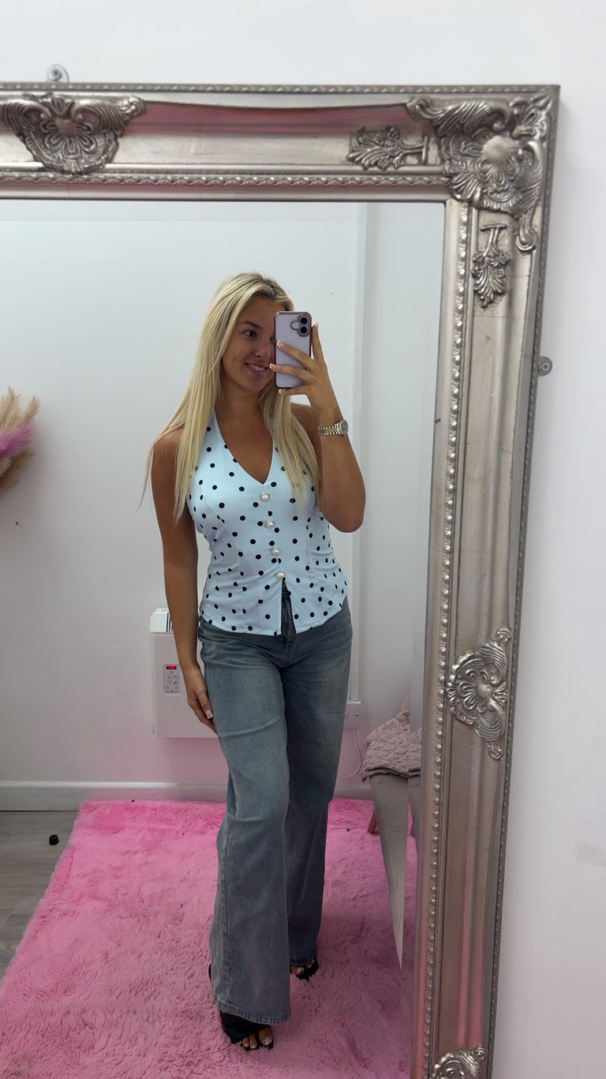 Polka dot halter neck button tops