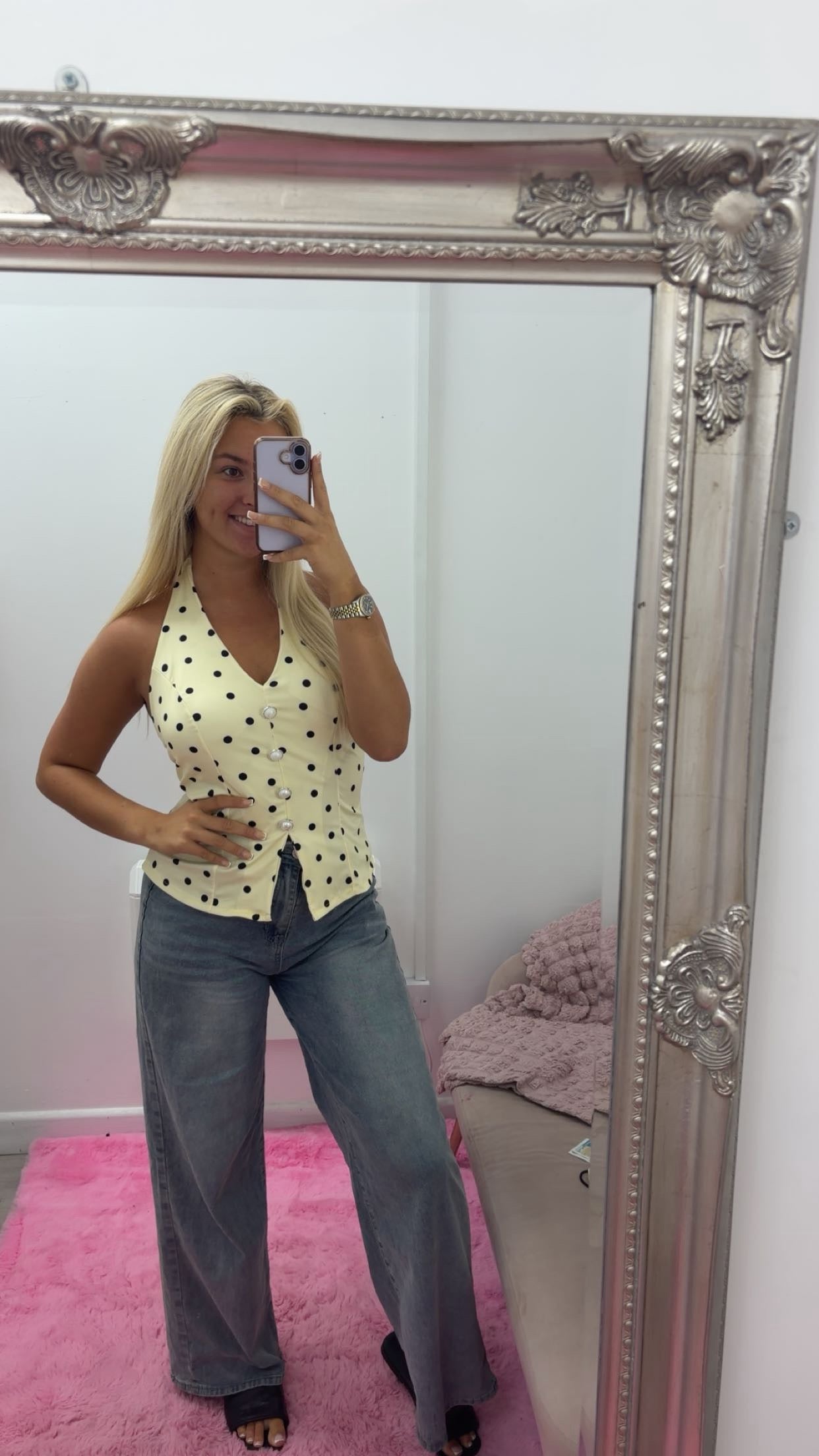 Polka dot halter neck button tops