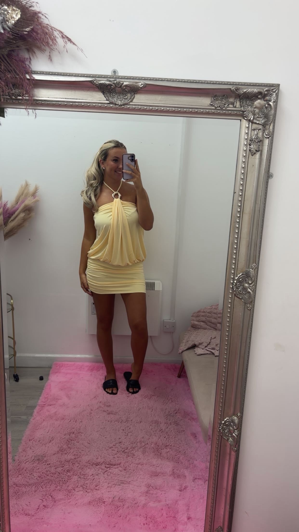 Draped gold ring halter bodycon dress