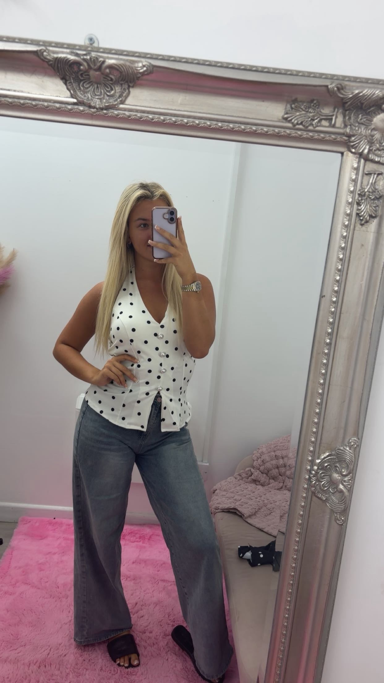 Polka dot halter neck button tops