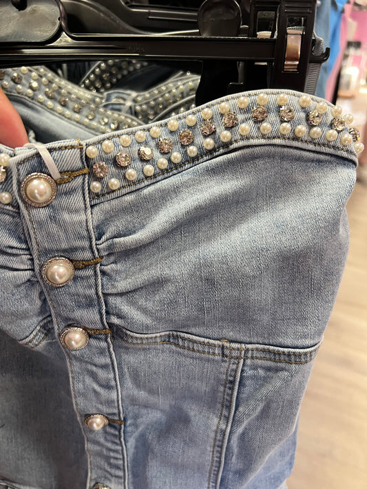 Pearl denim playsuits