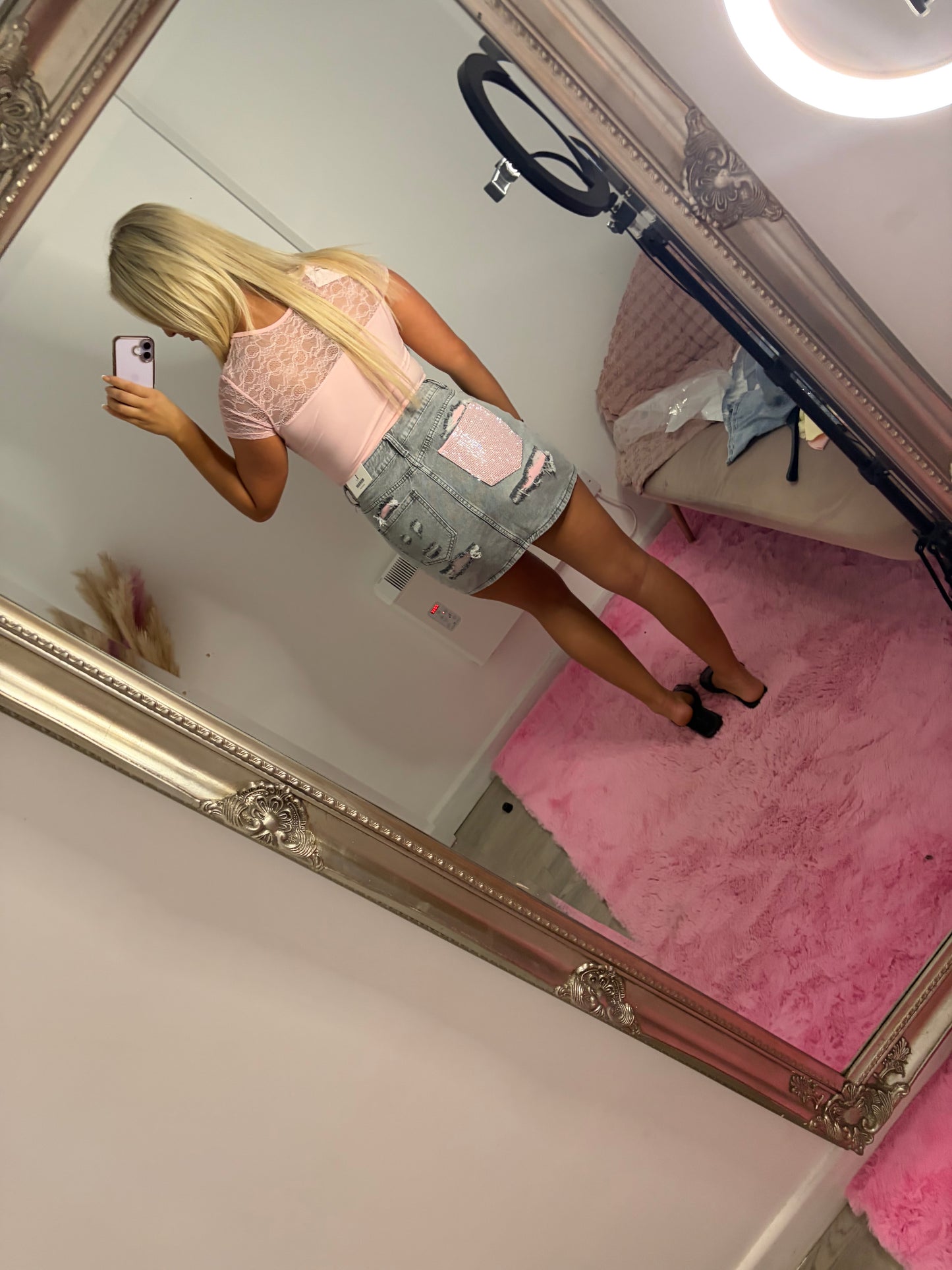 Pink bling pocket denim skirts