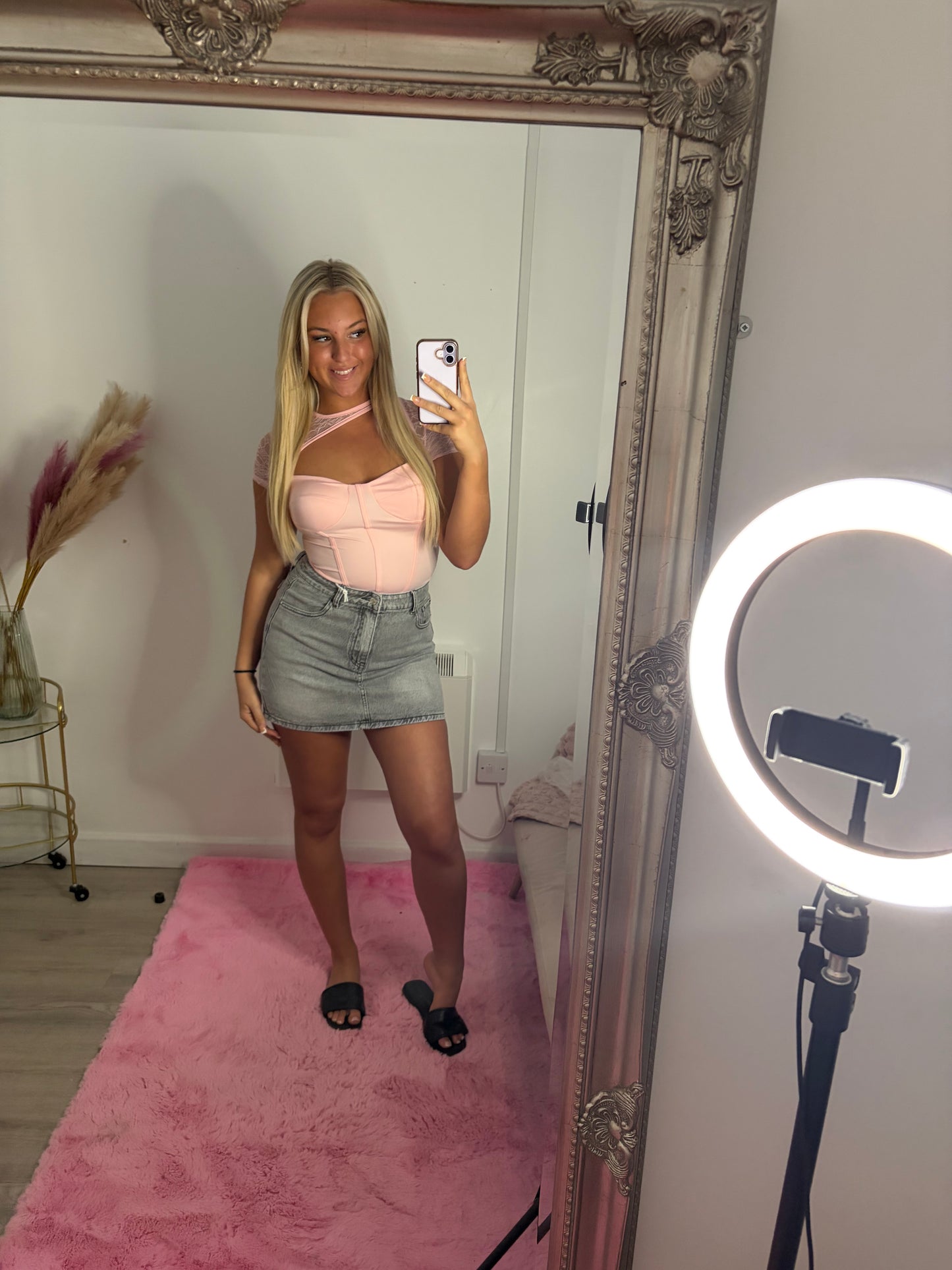 Pink bling pocket denim skirts