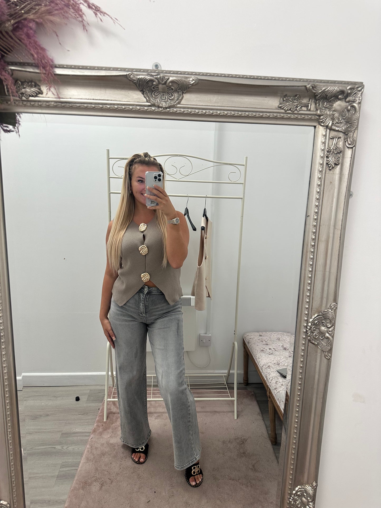 Knitted gold button tops