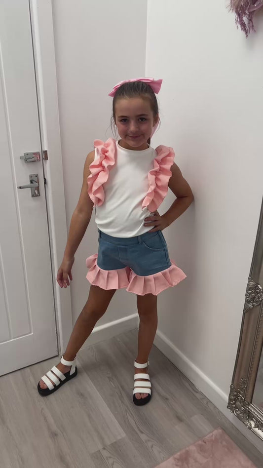 Kids frill denim short sets 💕